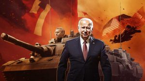 Biden na tle czołgów oraz flagi USA