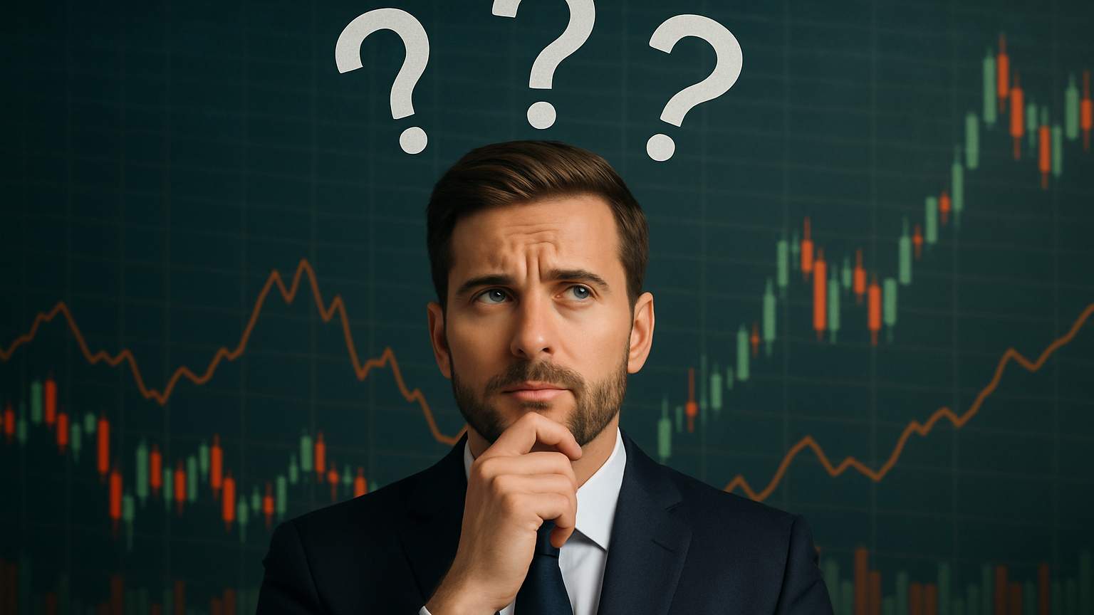 Mężczyzna w garniturze dobrze ubrany zastanawia się nad czymś. znaki zapytania nad tym gdzie kupić bitcoiny