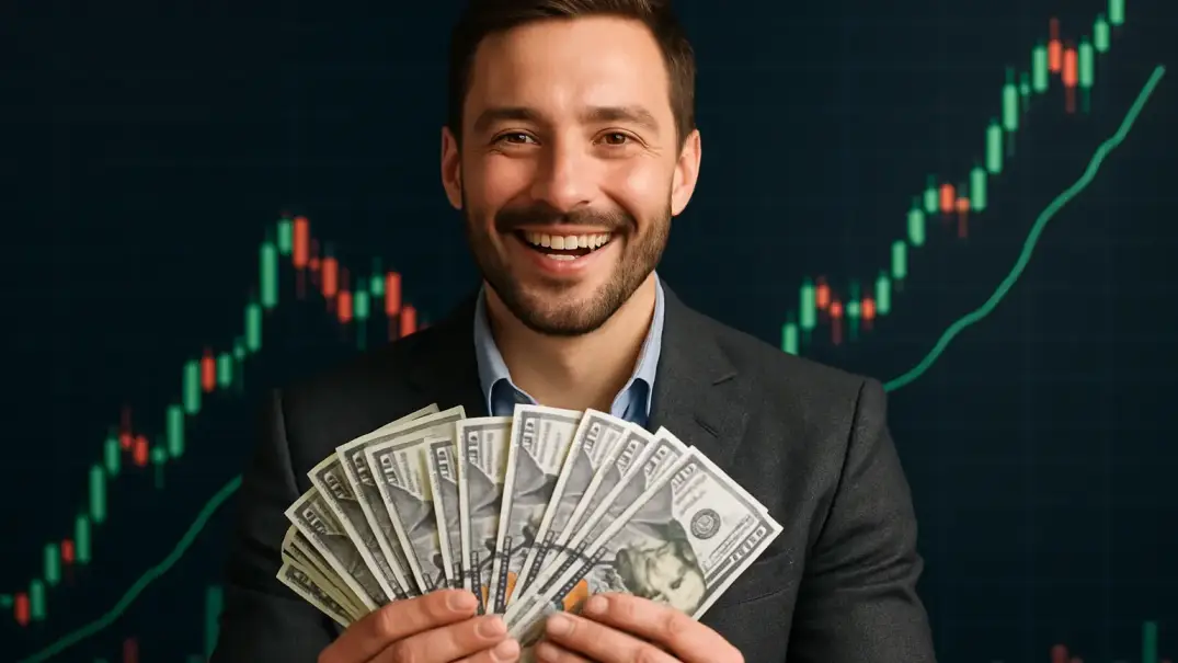 Zarobki z kryptowalut. Uśmiechnięty człowiek a w ręce mnóstwo pieniędzy. W tle wykresy giełdowe (wzrosty)